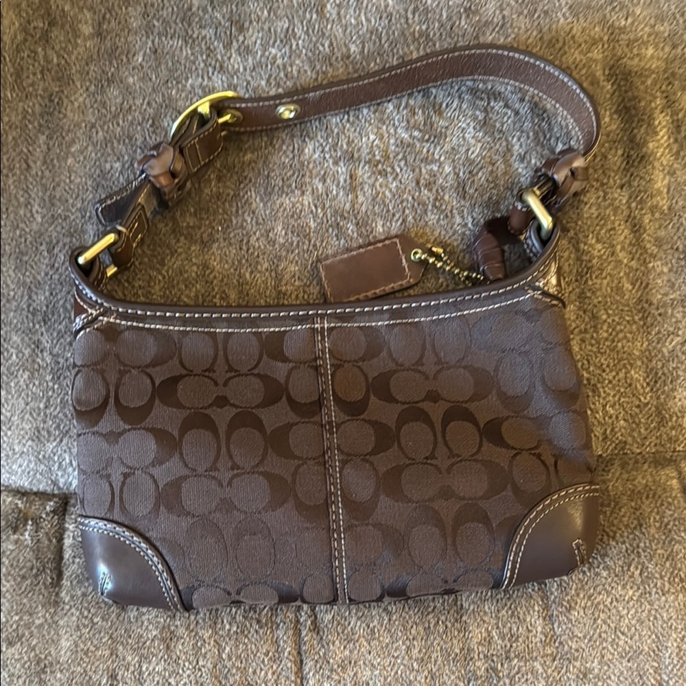 Coach Brown Monogram Shoulder Bag with Leather Trim